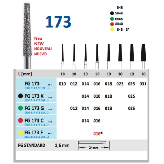 Diamond burs -001,002,010,165,166,170,173,225,233