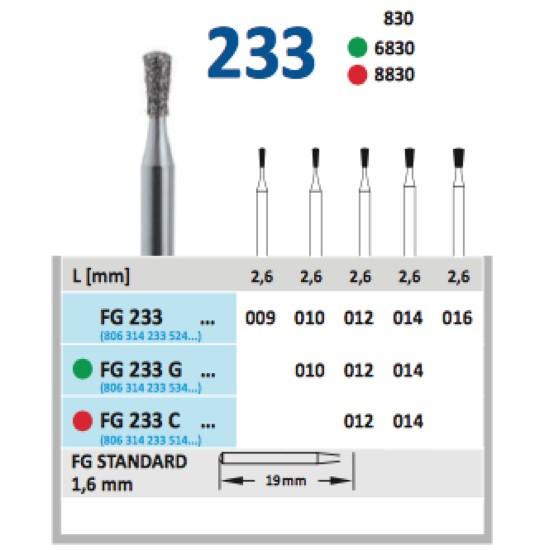 Diamond burs -001,002,010,165,166,170,173,225,233